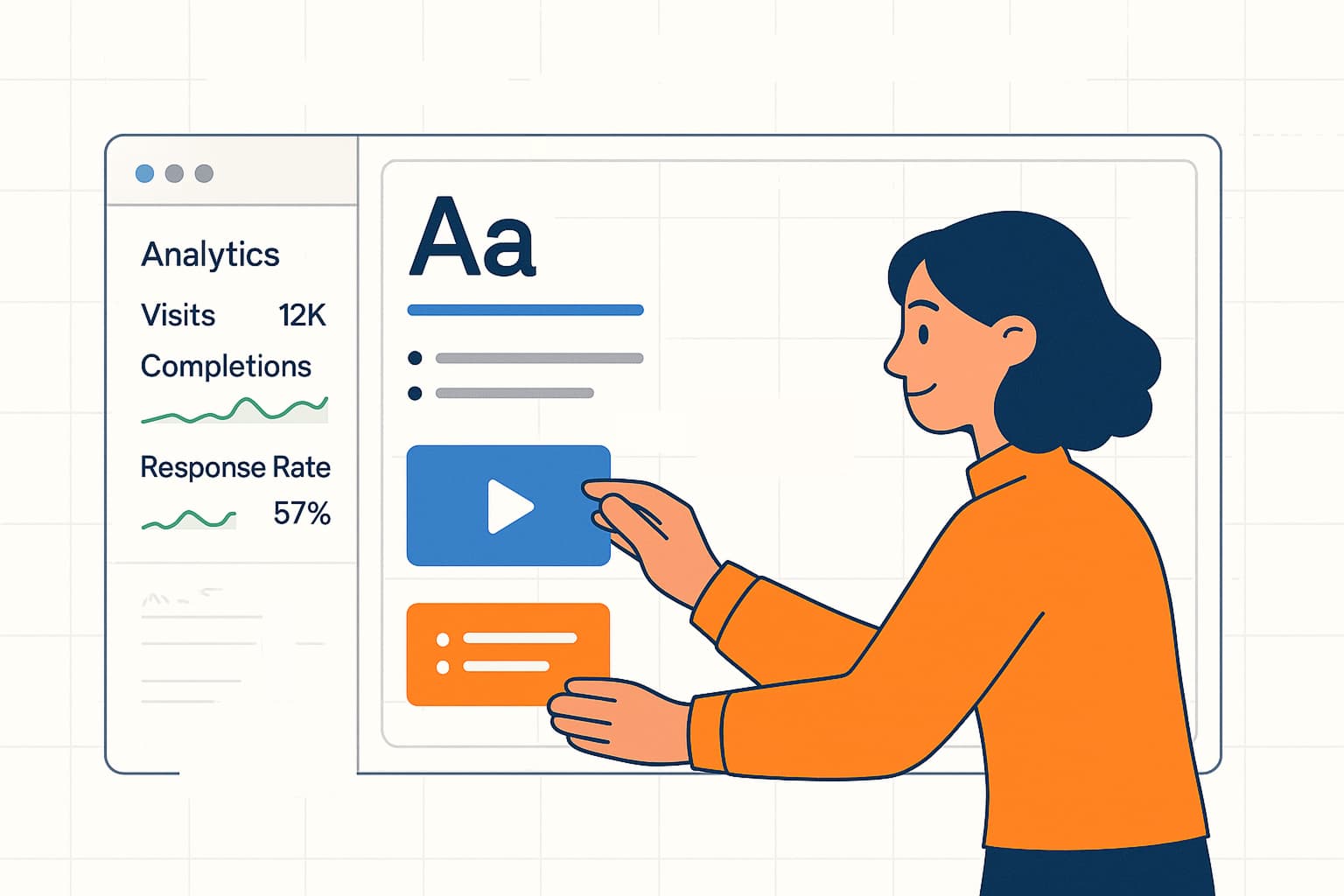 A product manager dragging UI blocks in a Figma-like editor while brand colors and typography apply live, with a sidebar showing analytics