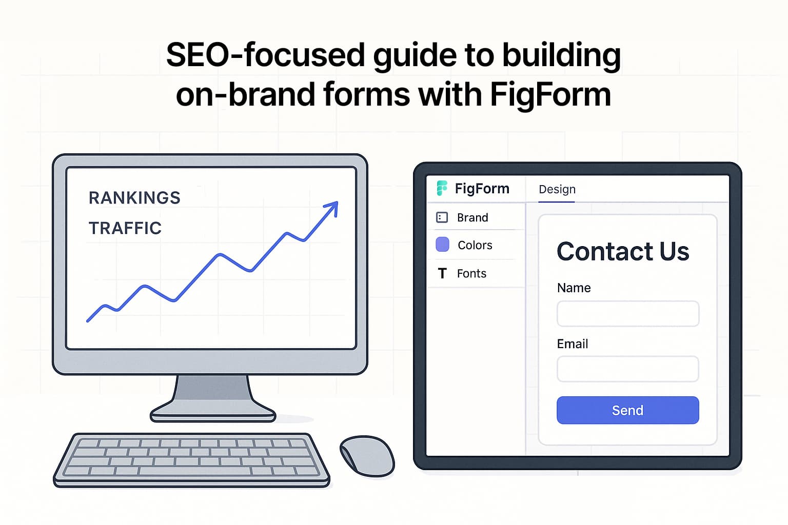 A clean, modern banner showing an SEO specialist's desktop on the left with a rankings/traffic chart, and on the right the FigForm canvas in a Figma-like editor with brand controls and a live form preview.
