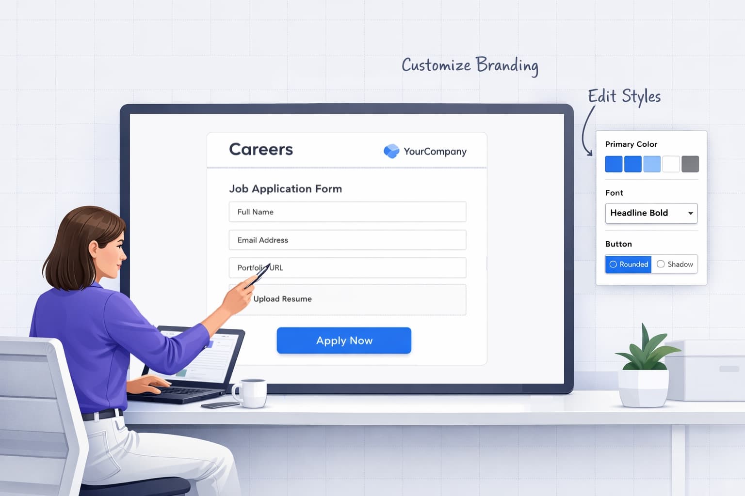 Talent manager designing a branded hiring form in FigForm's no-code Figma-style editor.