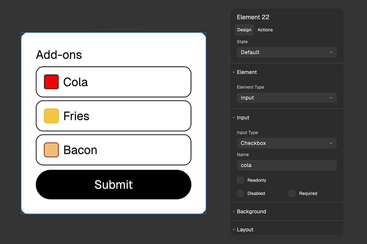 FigForm editor displaying a form with checkbox input elements for an add-ons question, showing the properties panel with Input Type set to Checkbox.