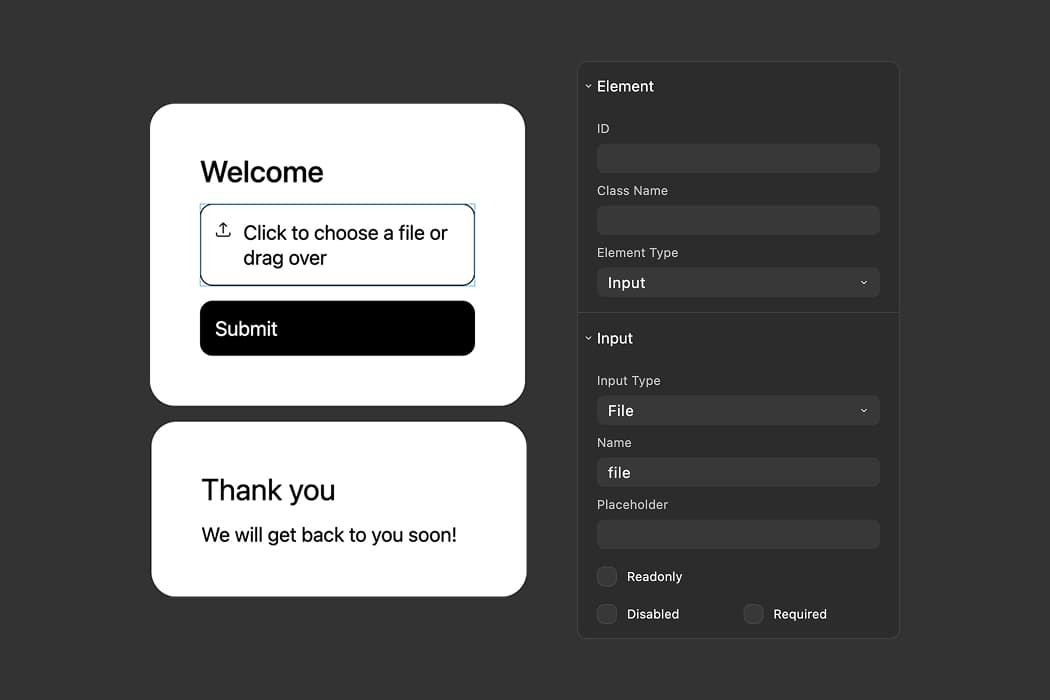 FigForm editor showing a file input element with customization options and drag-and-drop upload interface highlighted.