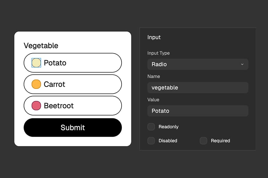 FigForm editor displaying a form with multiple radio input elements configured for a single-choice question, showing the properties panel with Name and Value fields highlighted.