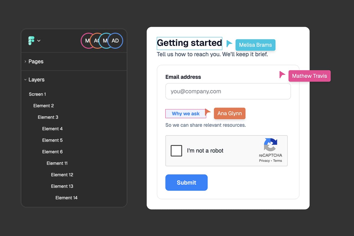 FigForm builder interface showing two users collaborating in real-time, with color-coded cursors moving on the canvas and a user list in the top-left corner displaying active team members with distinct colors.