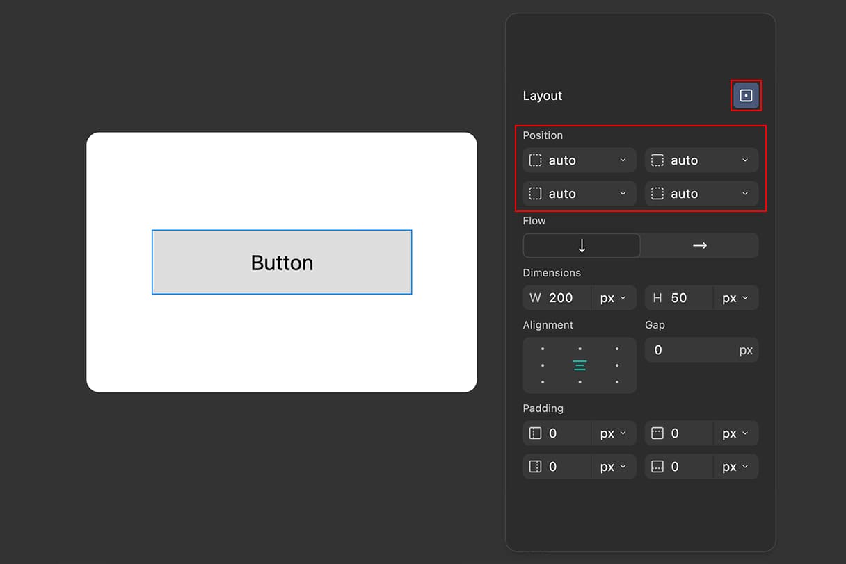 Layout section of properties panel with absolute positioning toggle button highlighted, showing it in the enabled state with position controls now visible below.