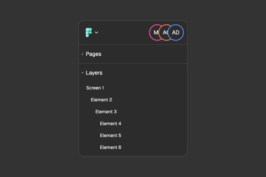 FigForm Builder's left panel showing the active users list at the top with three users displayed: initials in colored circles - AD in teal, JS in purple, and MK in orange, with names displayed next to each.