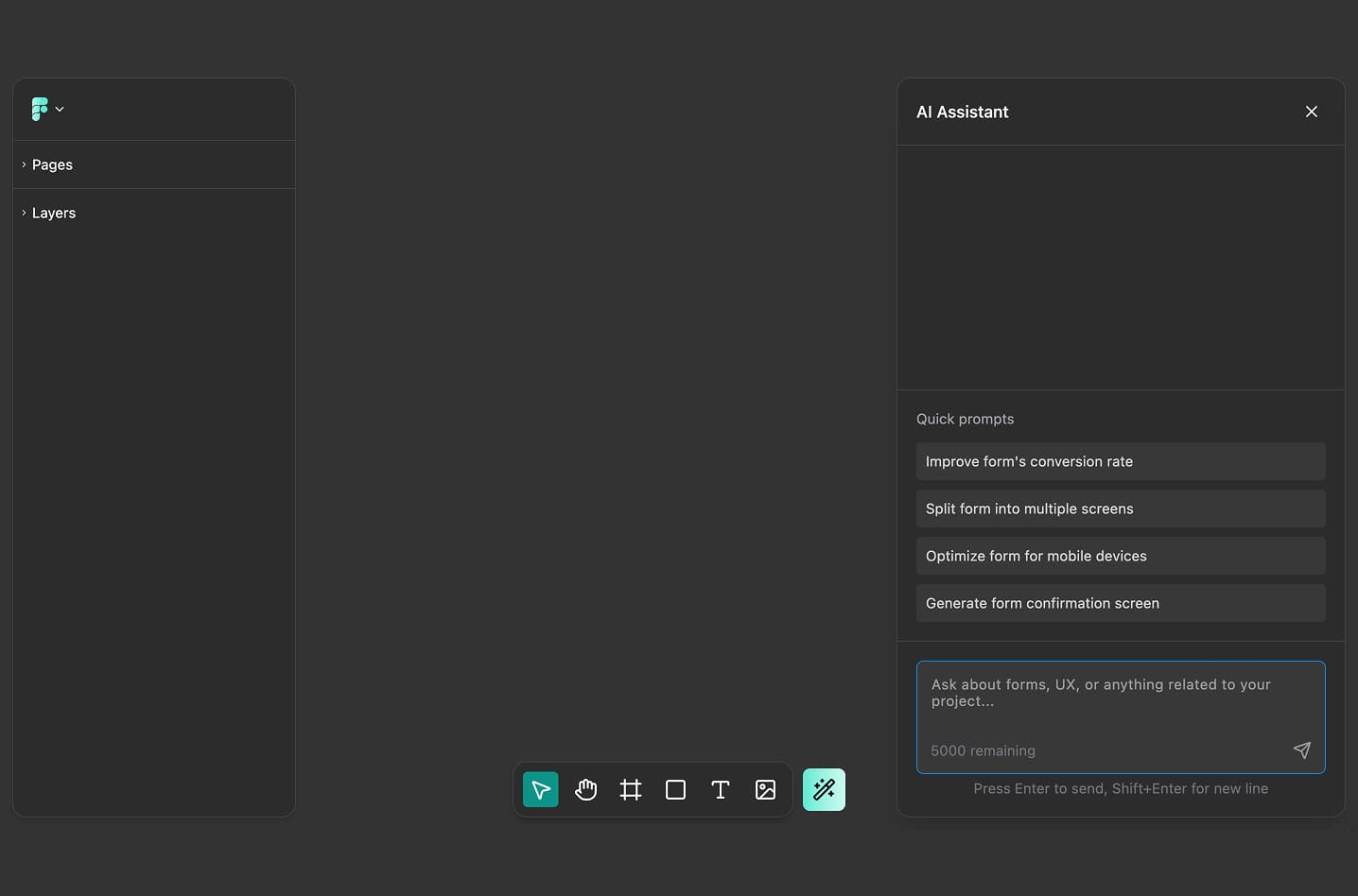 FigForm editor with blank canvas on the left and AI assistant chat panel opened on the right side, showing a welcome message and input field for conversational form building.
