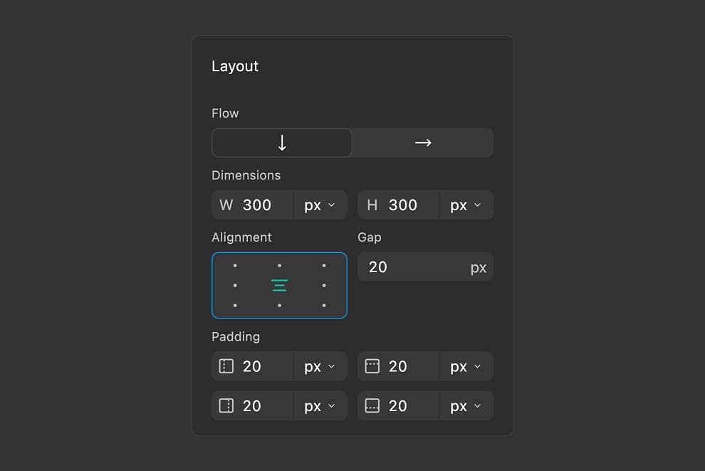 Properties panel showing the Layout section with the alignment grid control, where the currently active alignment option is highlighted in teal color.