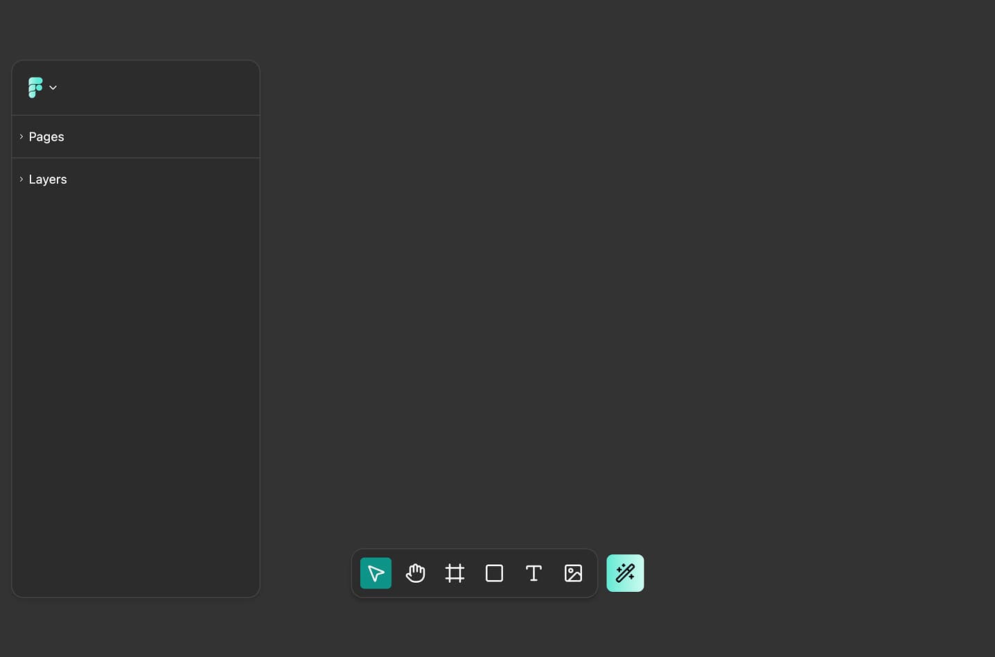Empty FigForm canvas with a clean grid background, toolbar at the bottom showing element tools, and empty layers panel on the left, ready for users to start building.