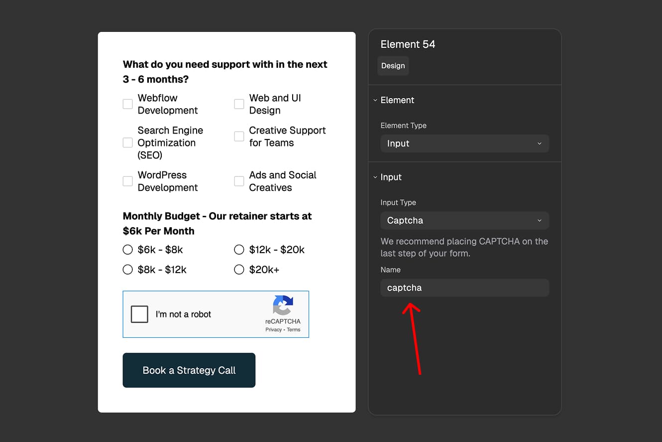 FigForm properties panel displaying the Name field for a CAPTCHA input, with an example name 'captcha' entered to track verification timestamps in form submissions.