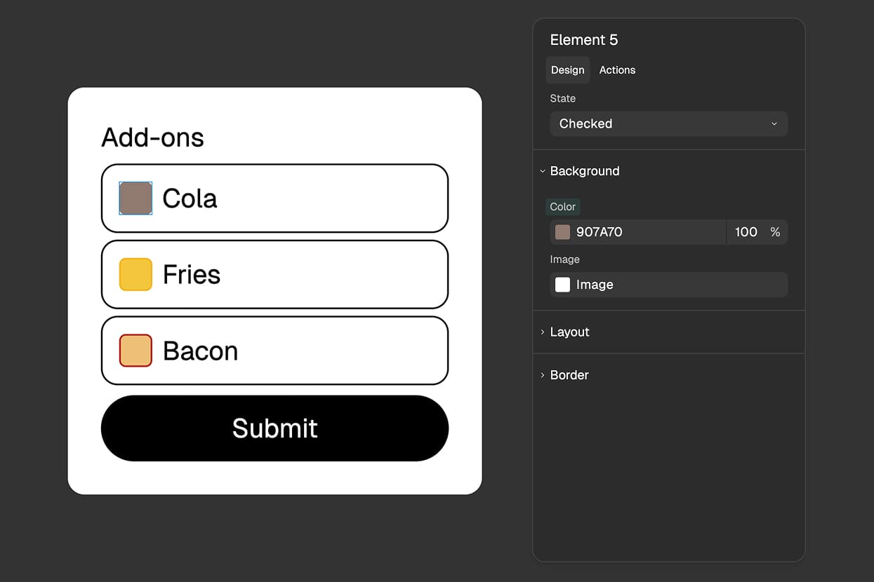 FigForm properties panel showing the state selector with Checked state selected, and styling controls for customizing the appearance of a selected checkbox input.