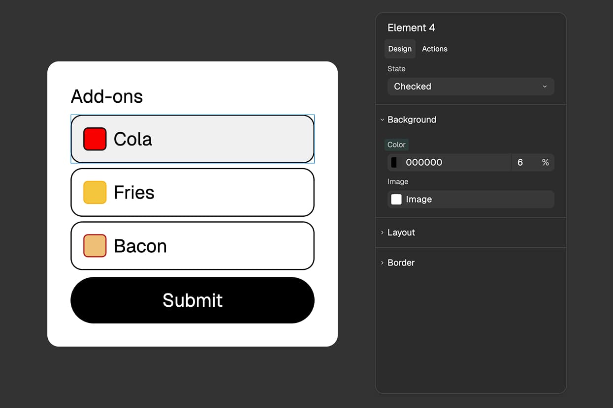 FigForm editor showing checkbox inputs inside labels where the selected option has a highlighted background and border on the entire label, demonstrating how labels inherit the Checked state from their child checkbox inputs.