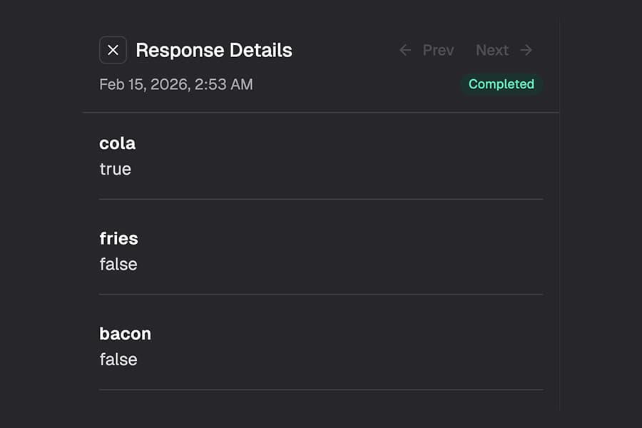 FigForm form responses view showing a checkbox question with answers recorded as true and false values for each submission.
