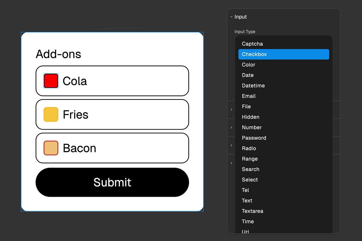 FigForm properties panel showing the Input Type dropdown menu expanded with Checkbox option highlighted among other input types like Text, Email, Radio, and File.