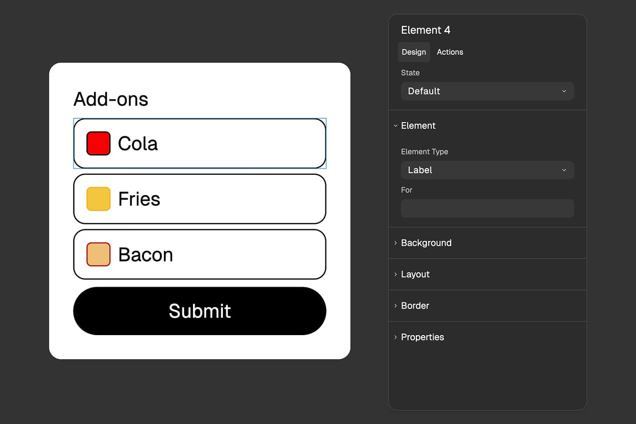 FigForm editor showing checkbox inputs wrapped inside label elements with descriptive text like Cola, Fries, and Bacon next to each checkbox.