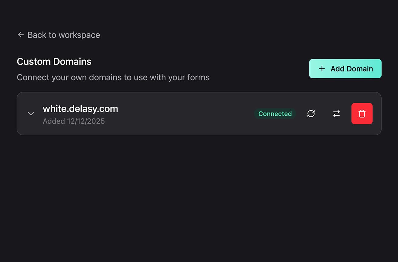 Custom Domains page showing white.delasy.com domain with Connected status in green. Domain row shows Added 12/12/2025, with refresh, mapping, and delete action buttons visible.