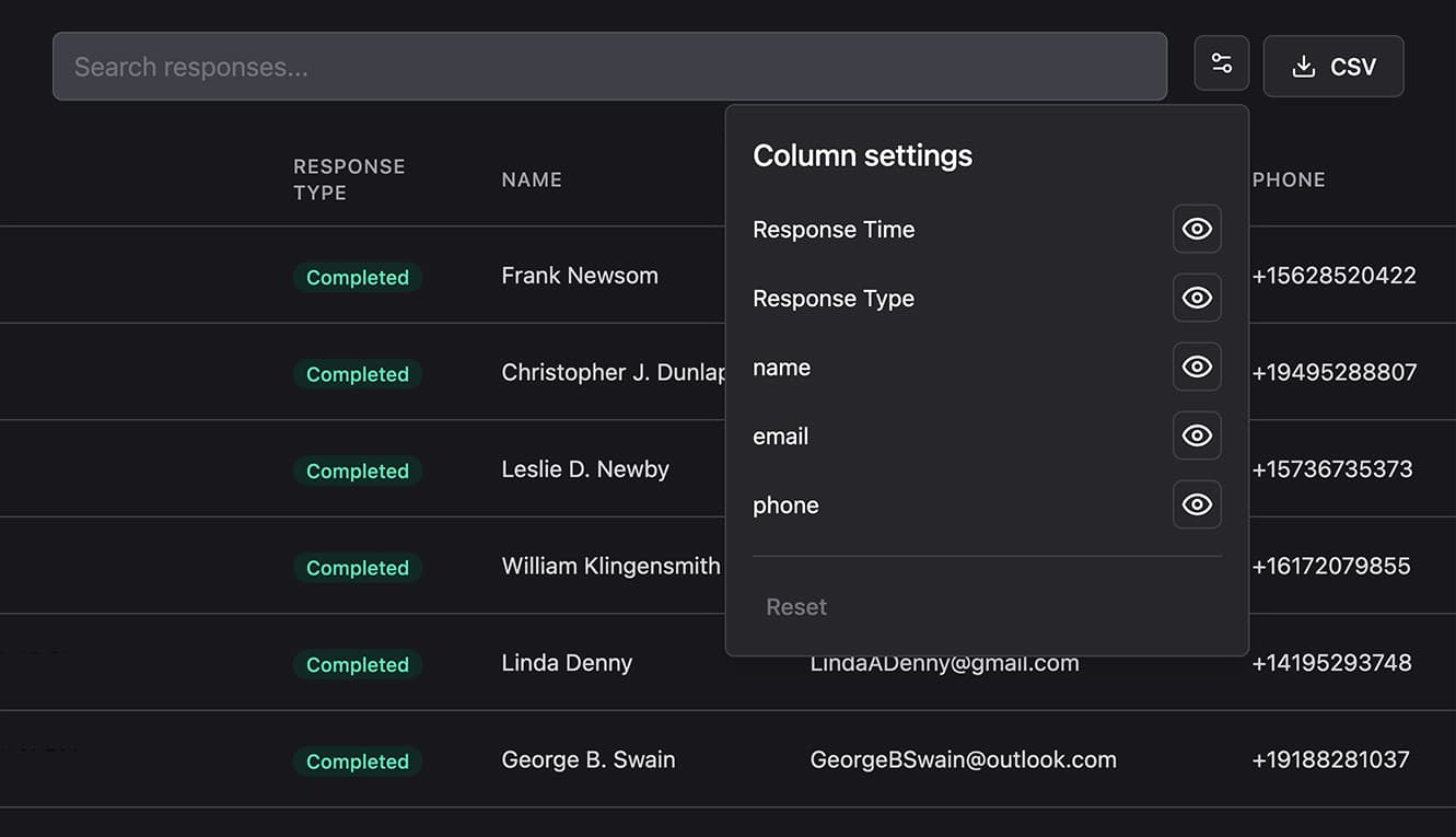 A modal with checkboxes next to field names and a bold Export CSV button.