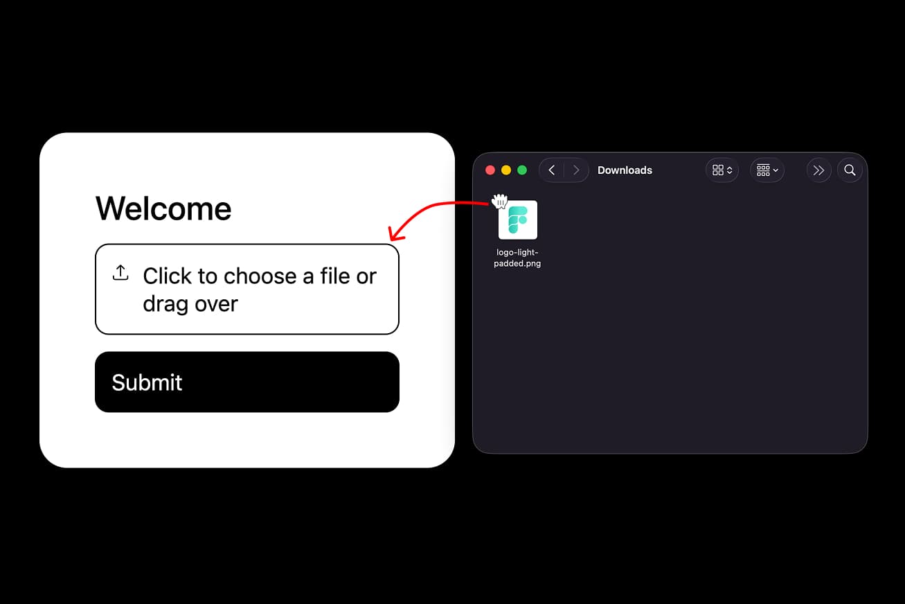 File input field with visual feedback showing a file being dragged over the drop zone, with highlighted border indicating active drop state.