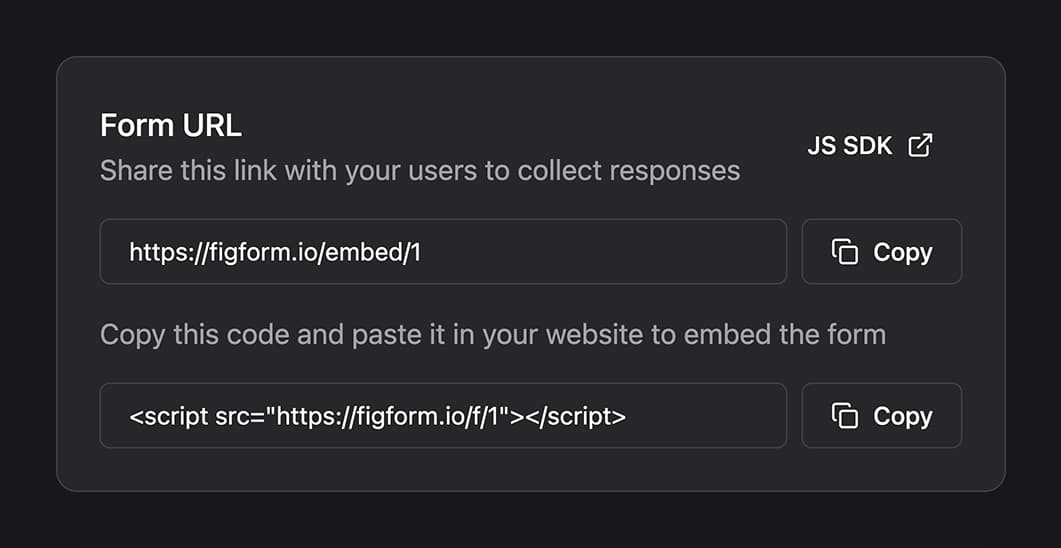 Published form's embed controls.