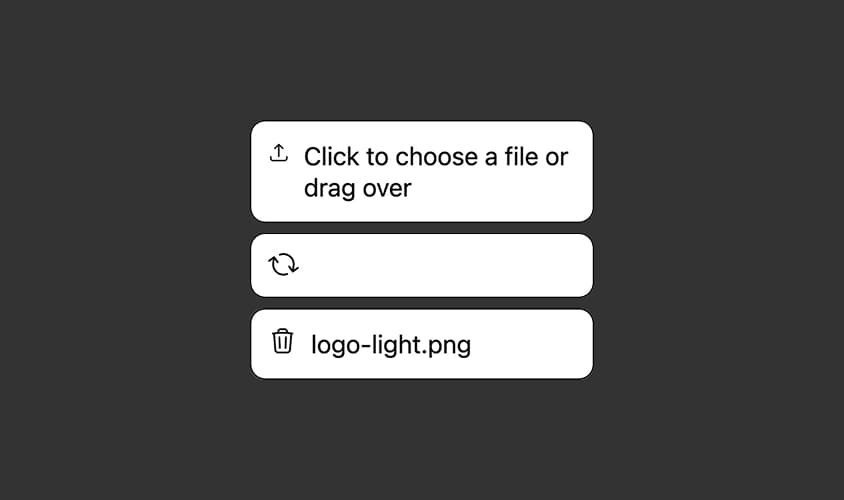 Three states of file input shown side by side: initial state with upload icon, uploading state with spinning progress icon, and completed state with file name and delete icon.