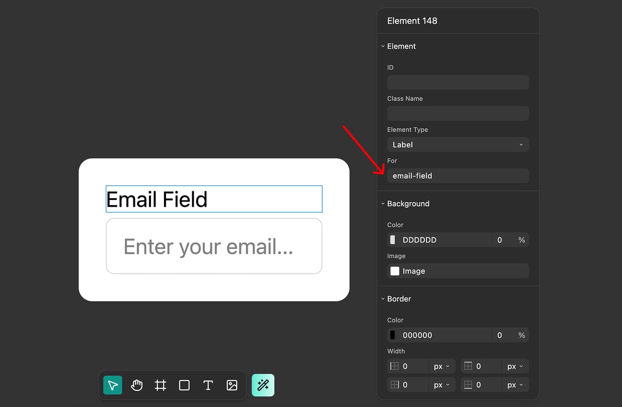 Properties panel showing the For field highlighted with an input ID value entered, demonstrating how to connect a label to its corresponding input element.