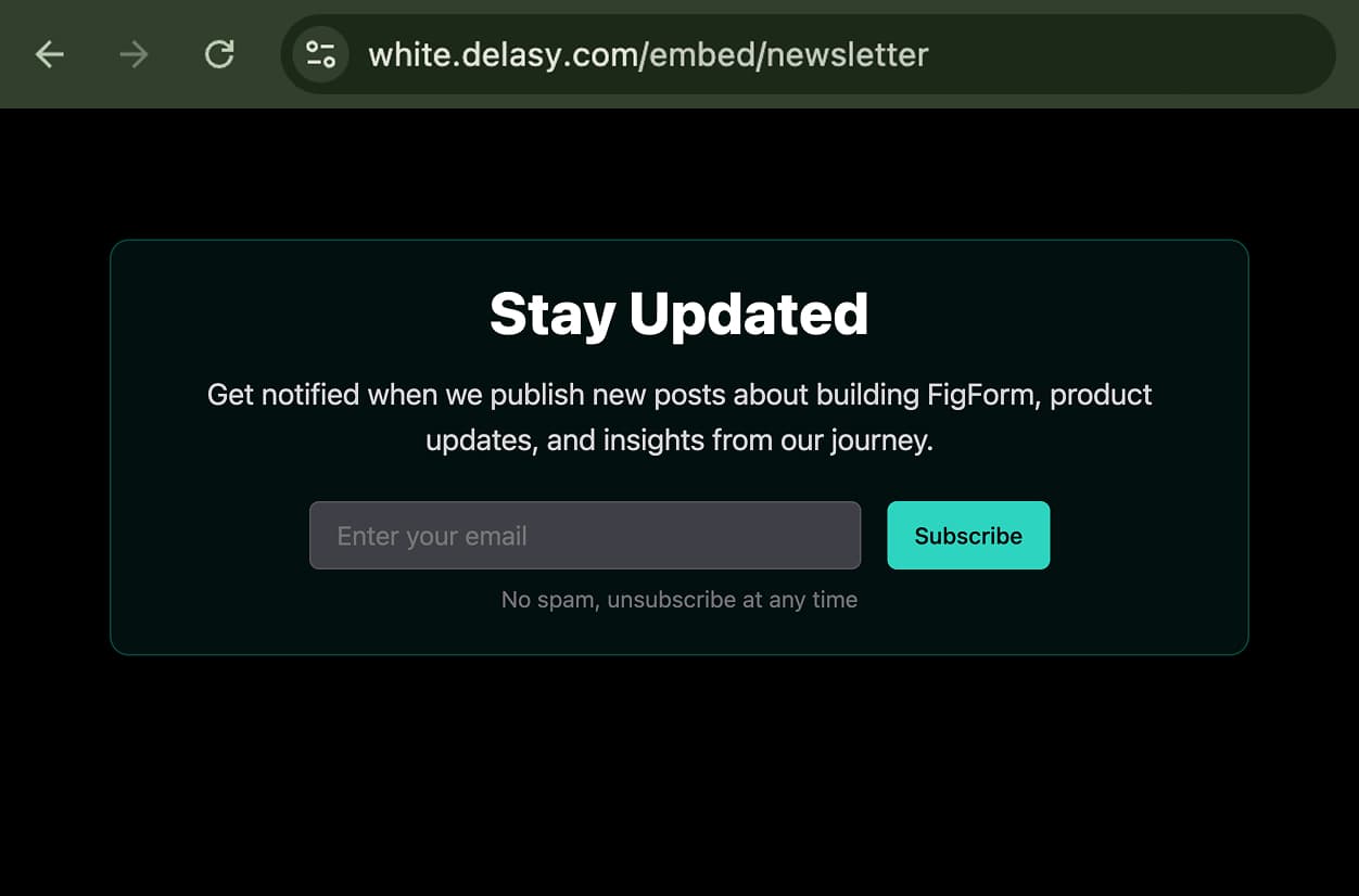 Newsletter form displayed on white.delasy.com/embed/newsletter with dark background. Form shows Stay Updated heading, subtitle about FigForm updates, email input field, teal Subscribe button, and No spam unsubscribe at any time footer text.