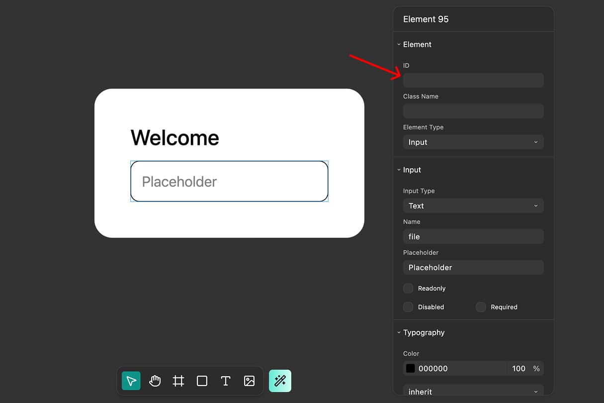 Properties panel showing an input element with its ID field highlighted, demonstrating where to find the ID value needed for the label's For field.