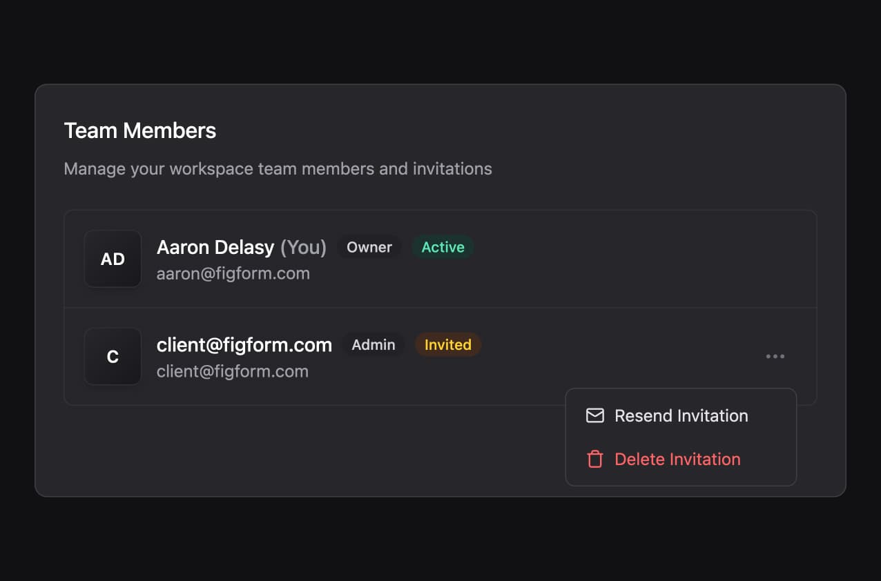 Team Members modal showing invited user with three-dot menu expanded, displaying Resend Invitation option with envelope icon and Delete Invitation option with trash icon in red.