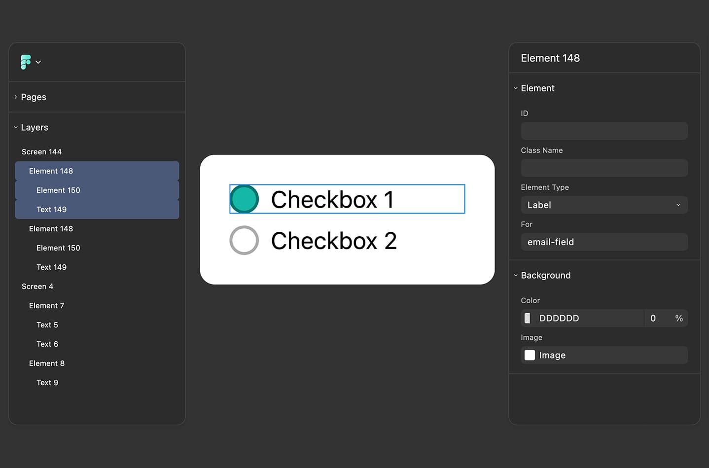 Form canvas showing a label element wrapping both text content and an input field, with the layer hierarchy visible showing the input nested inside the label.