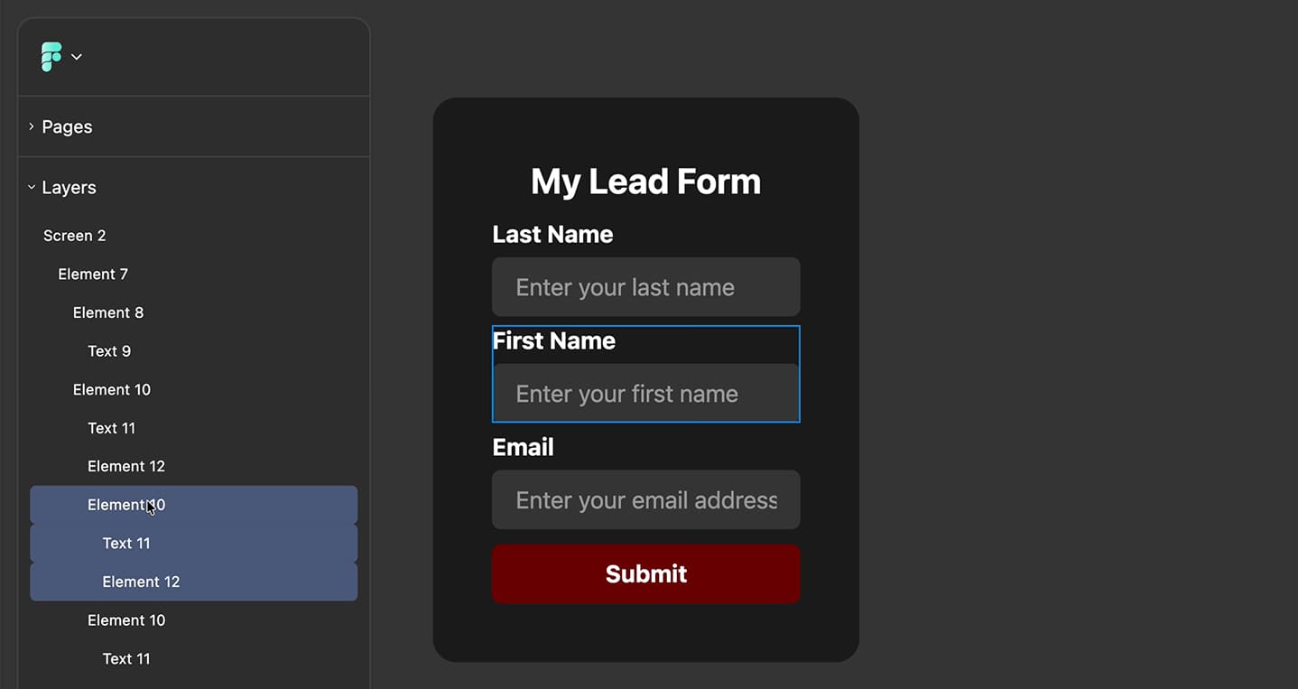 Split view showing the layers panel on the left with reordered elements and the canvas on the right reflecting the new visual stacking order.