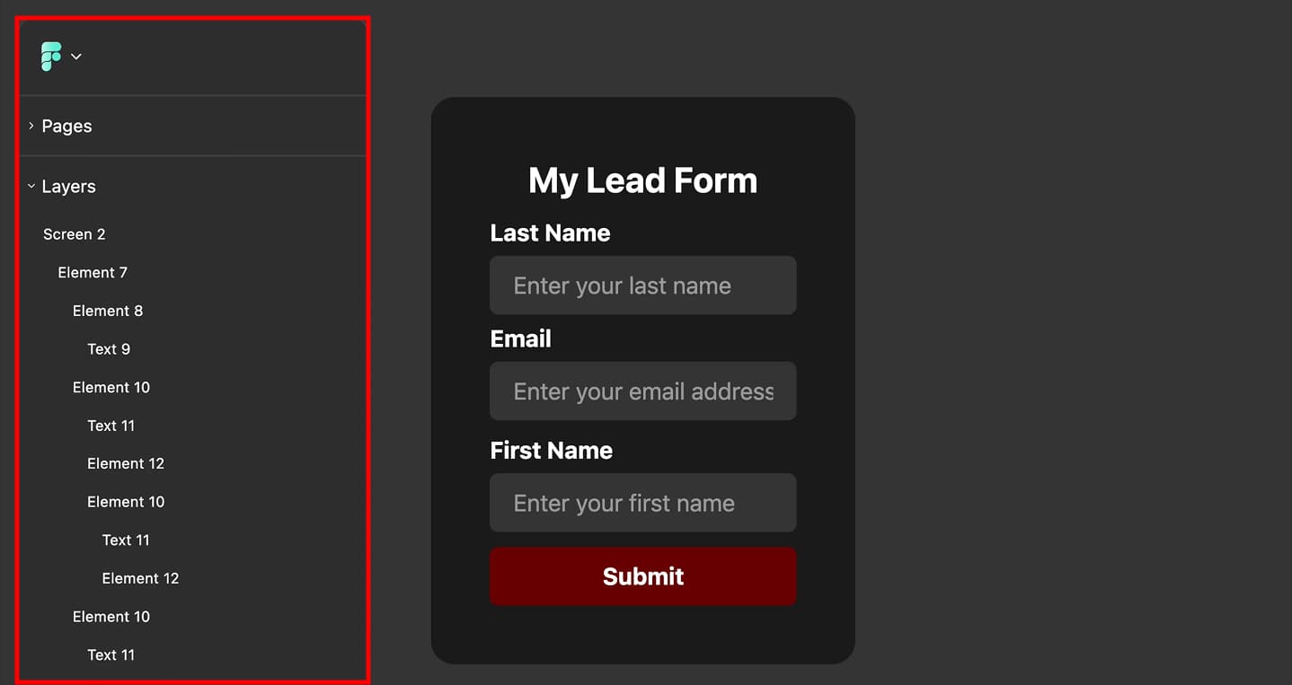 FigForm editor highlighting the layers panel location on the left sidebar with all form elements listed.