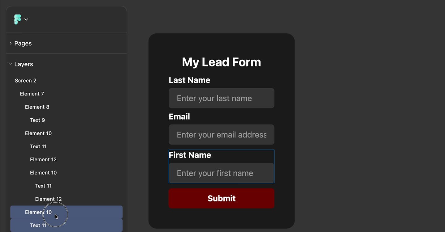 A single layer selected in the layers panel, with the selection highlighted in blue and the corresponding element outlined on the canvas.