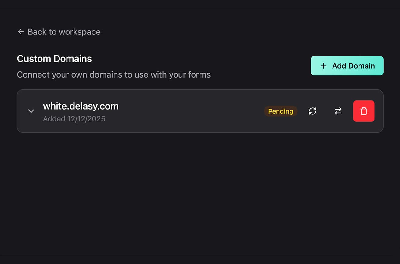 Custom Domains page showing white.delasy.com in Pending state with orange status badge. Domain row shows Added 12/12/2025 date, refresh and mapping icons, and red delete button.