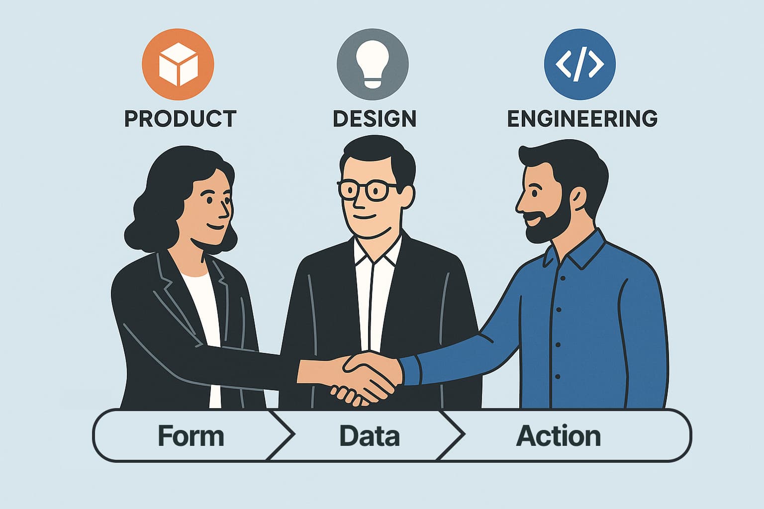 A sticky-note style flow with 'Form → Data → Action'