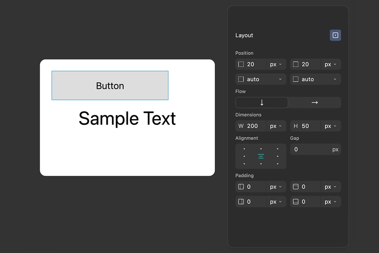 Properties panel showing all four position controls: Left field with 20px, Top field with 20px, Right and Bottom fields empty, demonstrating how to set position values for absolutely positioned elements.