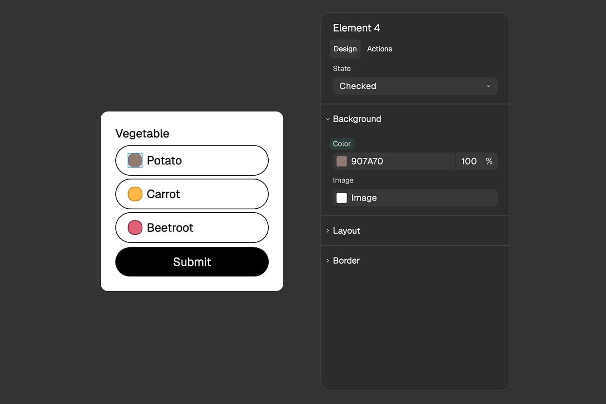 FigForm properties panel showing the state selector dropdown with Checked state selected, and styling controls for background color, border, and other visual properties of selected radio inputs.