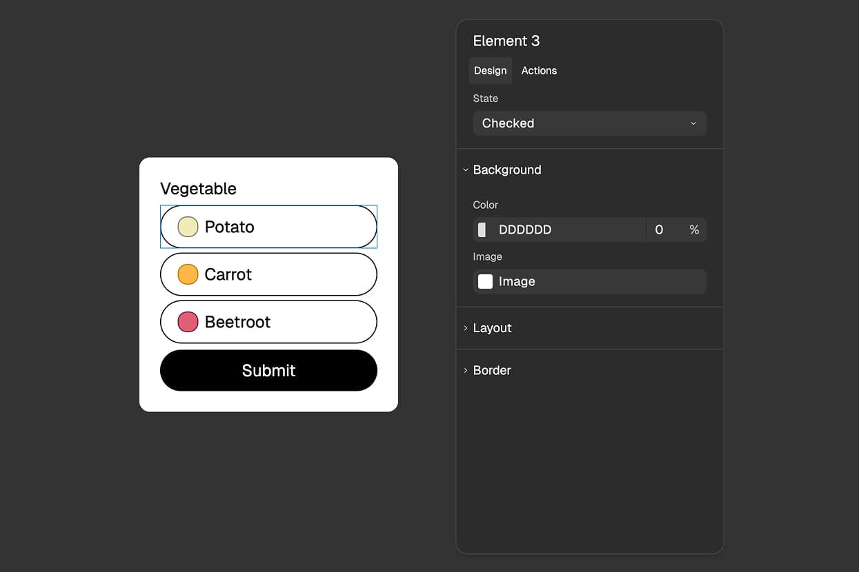 FigForm editor showing a radio button group where the selected option has a highlighted background and border on the entire label container, demonstrating how labels inherit the Checked state from their child radio inputs.