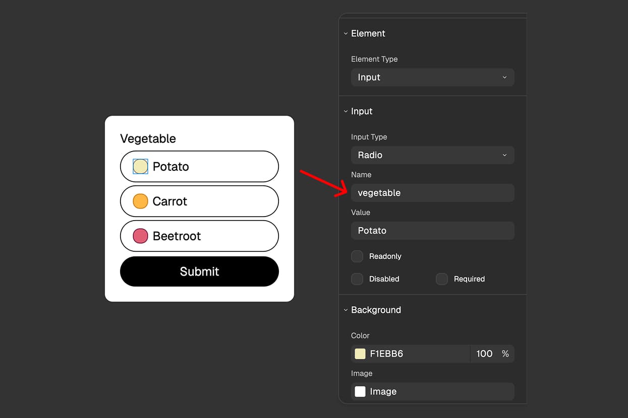 FigForm properties panel displaying the Name field for a radio input, with 'vegetable' entered as the name value to group radio buttons together.