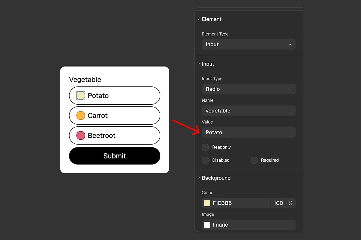 FigForm properties panel showing the Value field for a radio input, with a descriptive value entered that will be recorded when this option is selected.