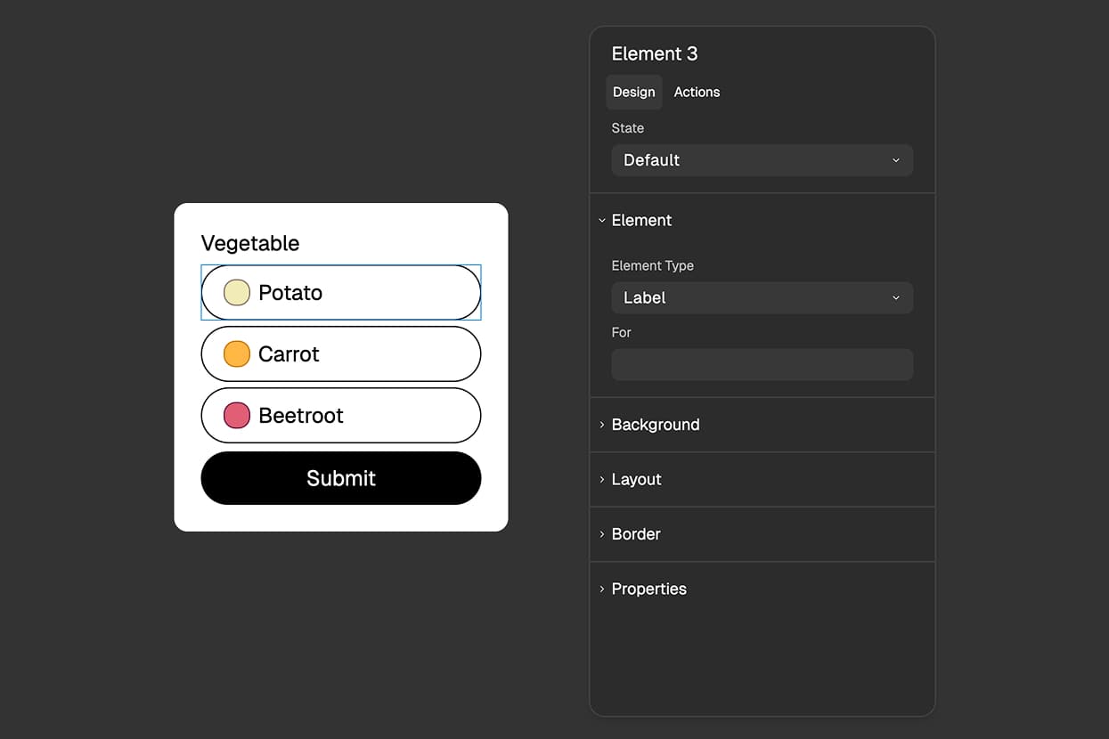 FigForm editor showing a radio input group with three options labeled Potato, Carrot, and Beetroot, each radio button wrapped in a label with descriptive text and styled with circular indicators.