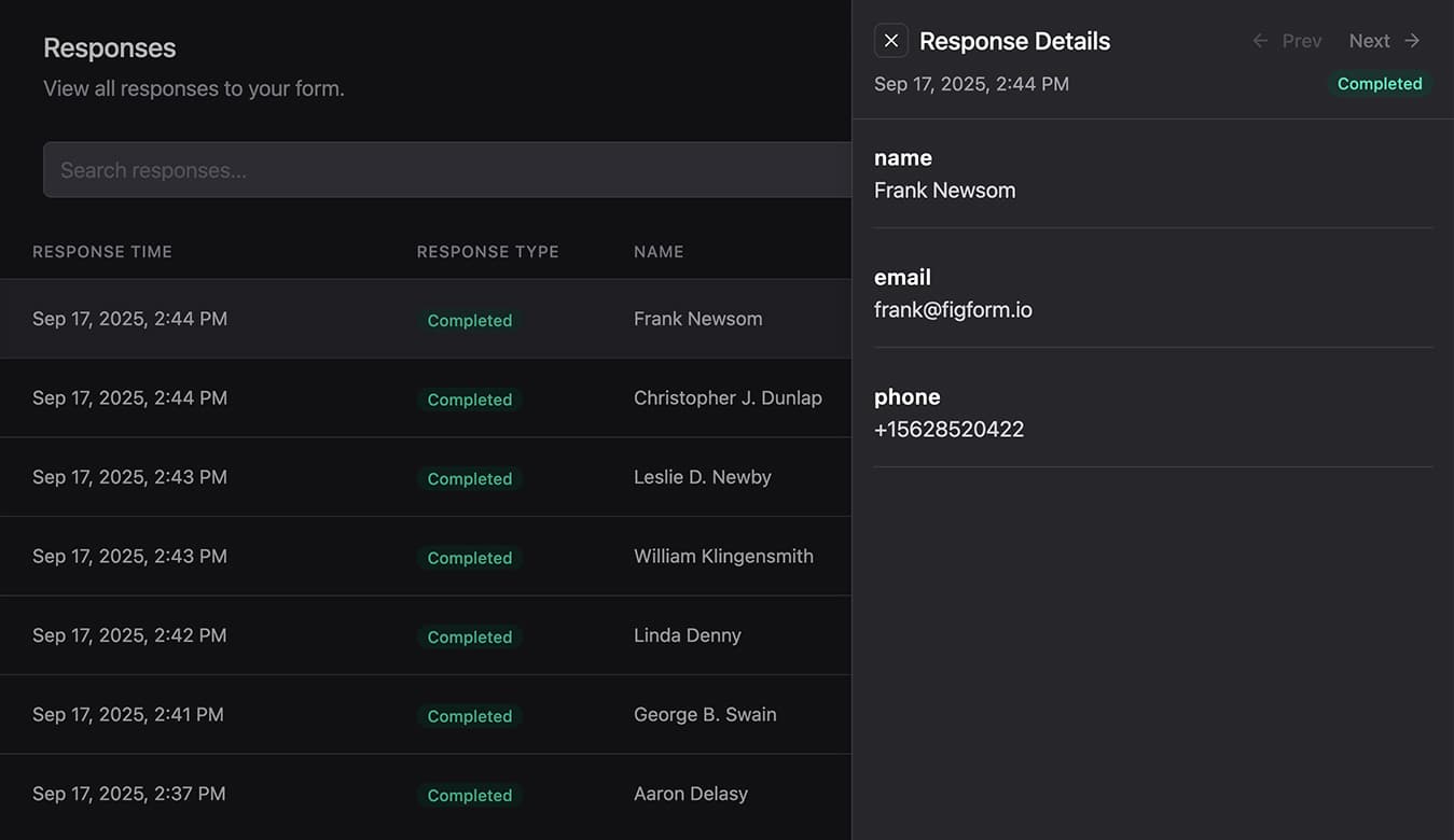 FigForm's response management interface displaying candidate submissions in a clean table view.