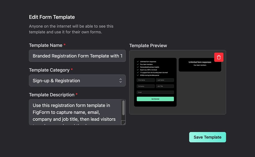 Form settings showing 'Save as Template' option with metadata fields.