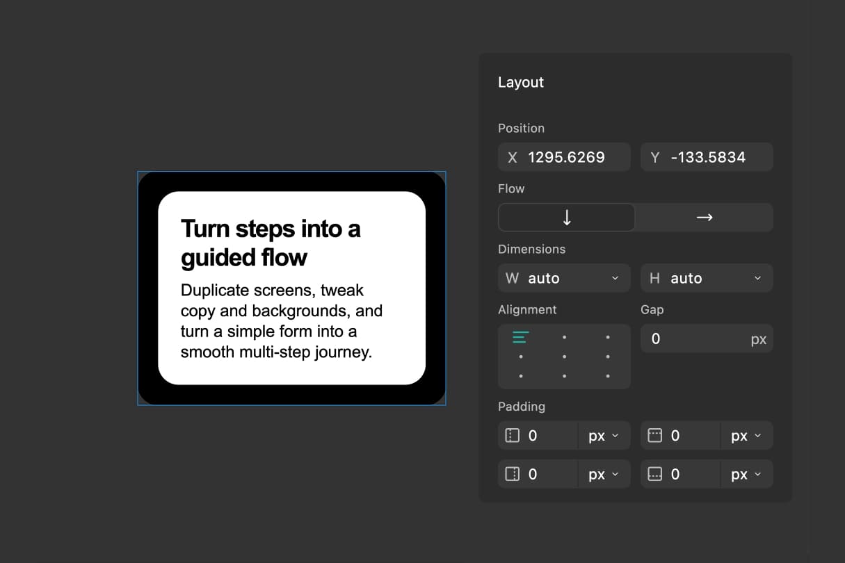 FigForm canvas showing a container element selected with a blue outline, demonstrating the first step of selecting an element before applying alignment.