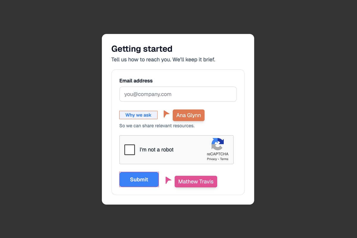 Split view showing two team members selecting different form elements simultaneously, each selection highlighted in a distinct color - one in orange around a text input, another in pink around a submit button.