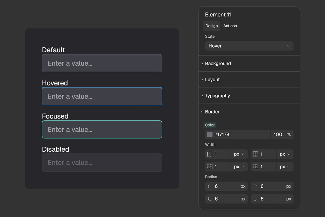 FigForm right panel with the Hover state active, showing the background color picker open and a new dark color being selected, with a small override indicator confirming the change is saved to the Hover state only.