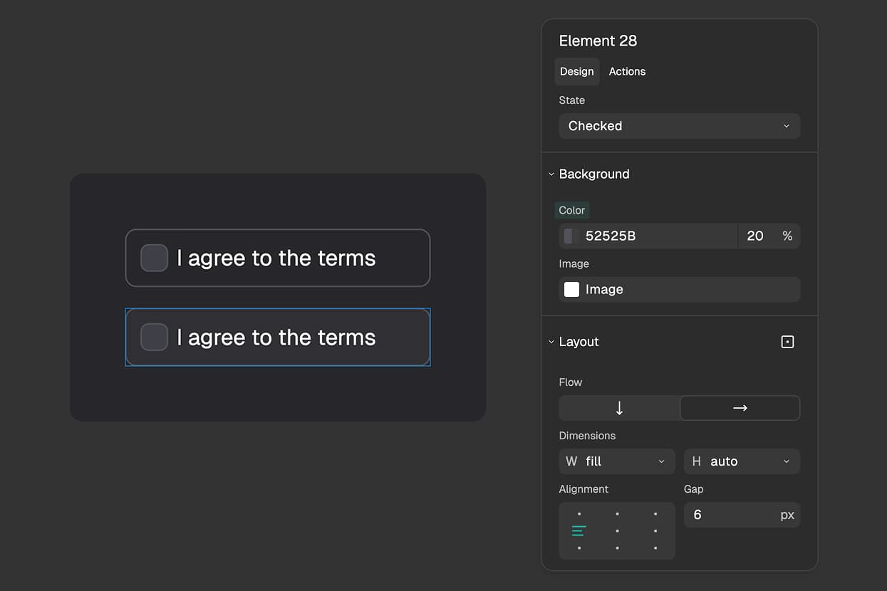 FigForm editor showing a label element wrapping a checkbox input, with the Checked state selected on the label in the right panel, displaying a green border and tinted background override that will apply when the checkbox inside is checked.