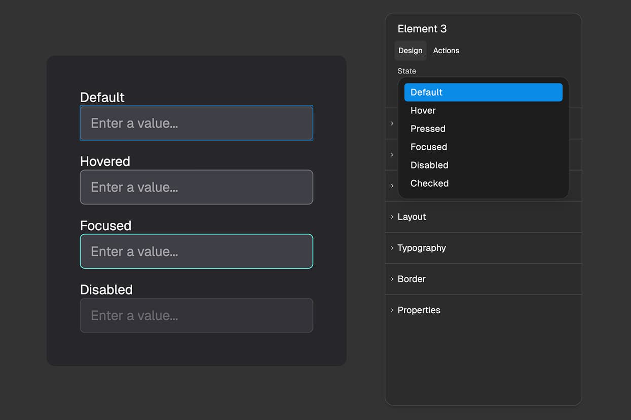 FigForm right panel showing the state selector with five tabs: Default, Hover, Pressed, Focused, Disabled, and Checked - with the Hover tab currently selected and highlighted.