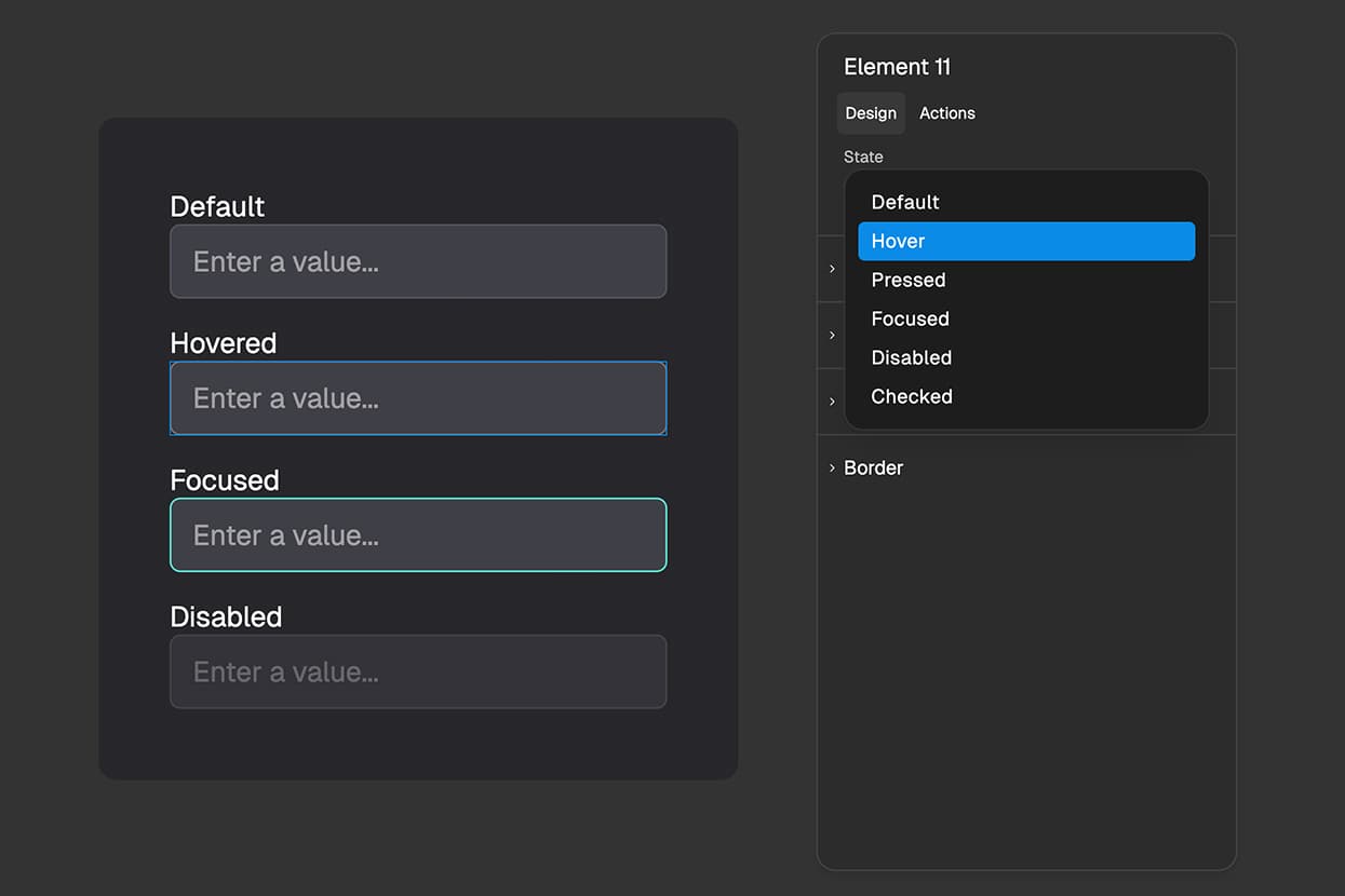 FigForm right panel state selector zoomed in, showing the Hover tab being clicked to switch from the Default state, with the canvas element instantly reflecting the Hover state in the editor preview.
