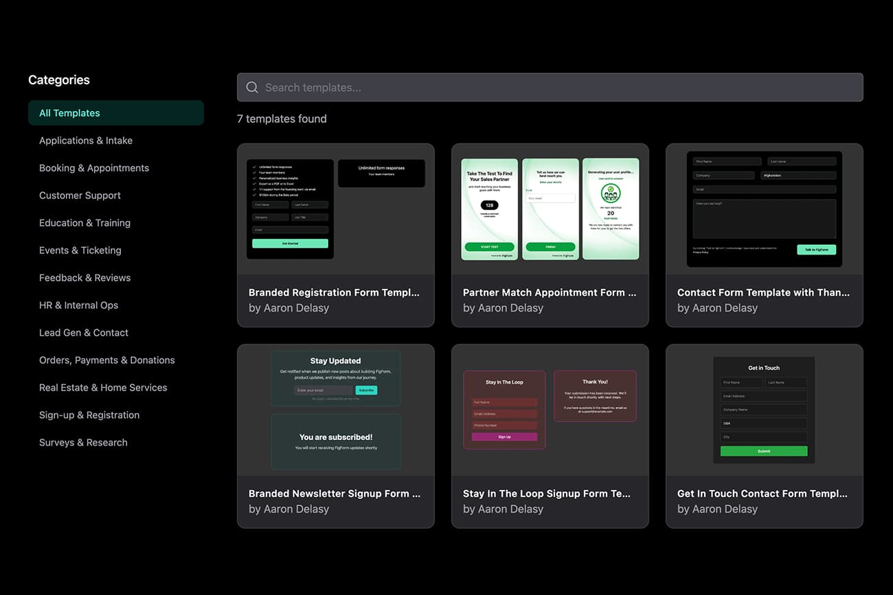 Template library showing various form types: contact forms, lead generation, and more.