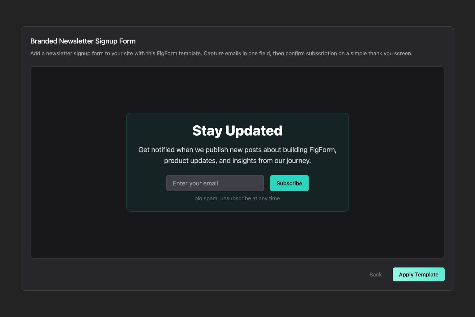 Full-screen template preview showing an Out Of Office Leave Request Form with dark green background, centered content displaying the title, description, and prominent yellow Start My Leave Request button. Back button visible in bottom left and Apply Template button in teal on bottom right.