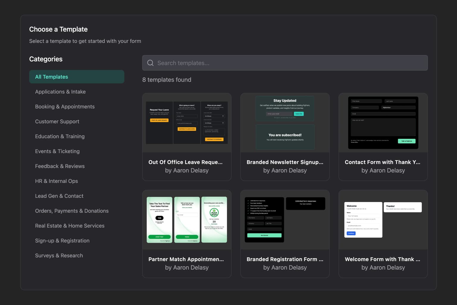 Template selection modal displaying grid of form templates with categories sidebar on the left showing options like All Templates, Applications & Intake, Booking & Appointments. Search bar at top and 8 template previews visible in the main area.